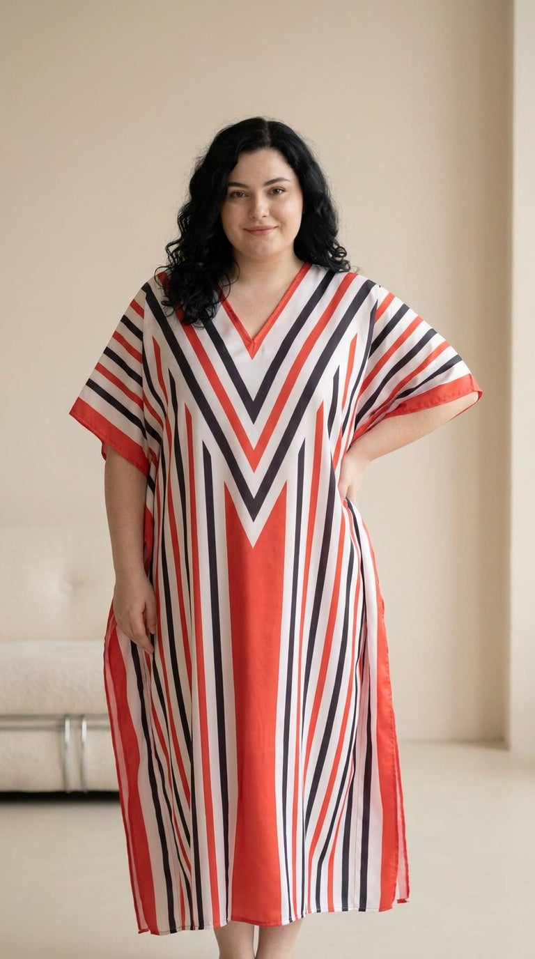 Red, navy and white chevron striped plus size kaftan with contrast V-neck yoke — another angle