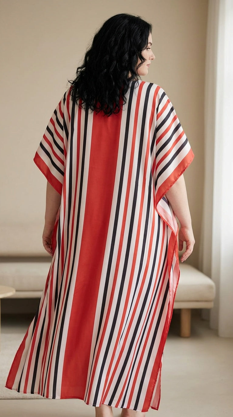 GypsieBlu Red Black Polyester Plus Size Kaftan for Women Kimono Sleeves 1X-3X Striped Print