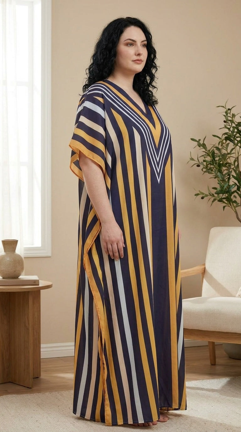 GypsieBlu Navy Blue Yellow Polyester Plus Size Kaftan for Women V-Neck 1X-3X Striped Print