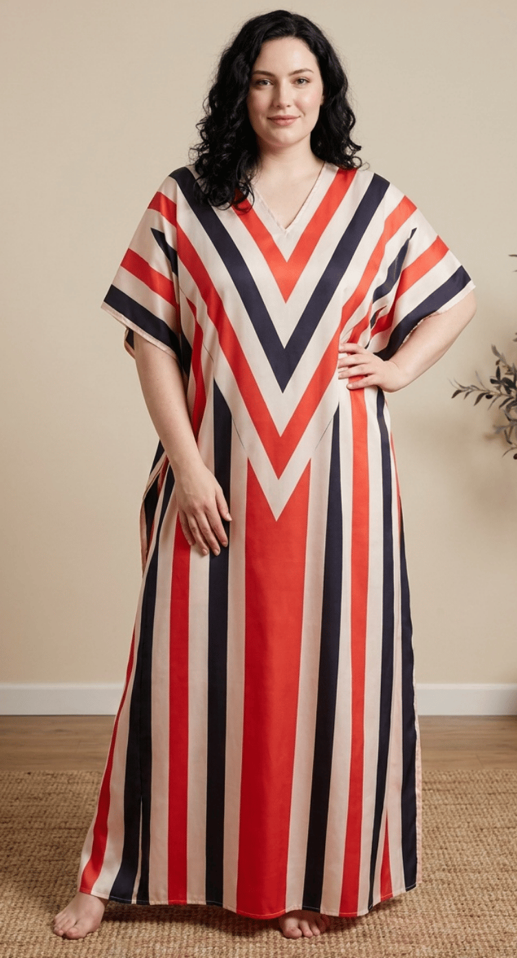 GypsieBlu Red Ivory Polyester Plus Size Kaftan for Women Momo Dress 1X-3X Striped Print