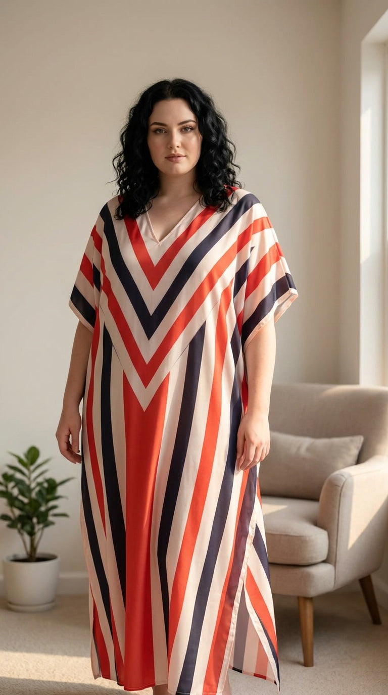 GypsieBlu Red Ivory Polyester Plus Size Kaftan for Women Momo Dress 1X-3X Striped Print