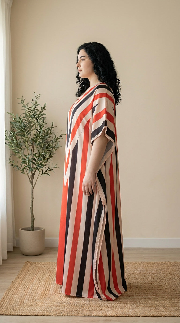 GypsieBlu Red Ivory Polyester Plus Size Kaftan for Women Momo Dress 1X-3X Striped Print