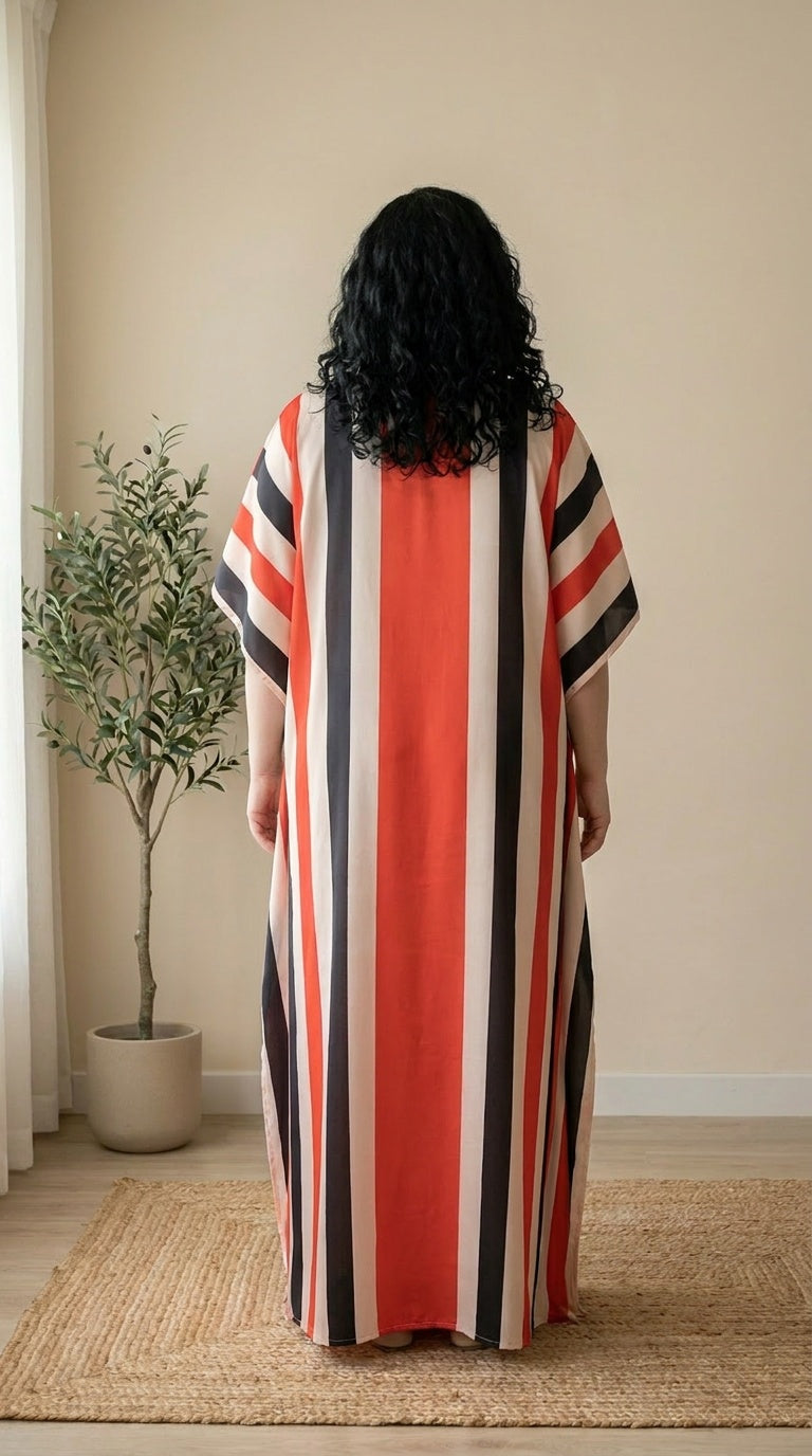 GypsieBlu Red Ivory Polyester Plus Size Kaftan for Women Momo Dress 1X-3X Striped Print