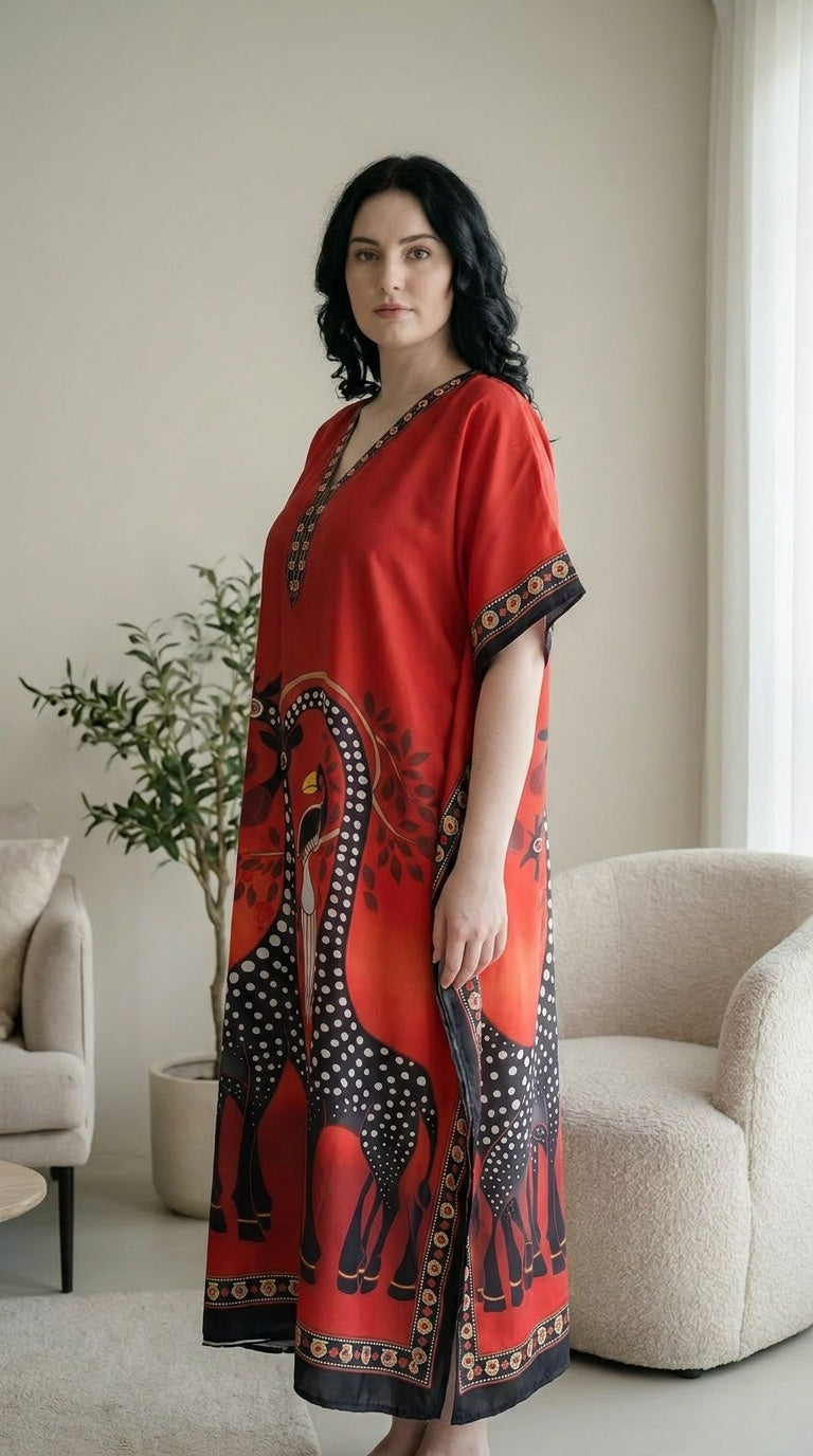 Red plus size kaftan with black and white giraffe print and embroidered V-neckline — additional view