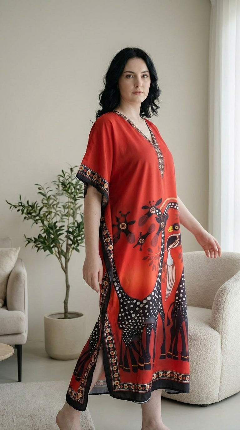 Red plus size kaftan with black and white giraffe print and embroidered V-neckline — another angle