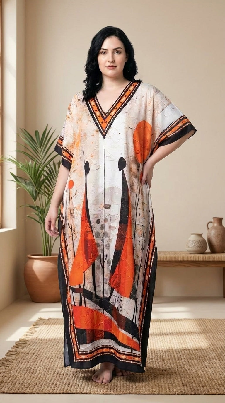 Ivory plus size kaftan with orange and black abstract figure print and contrast border trim — another angle