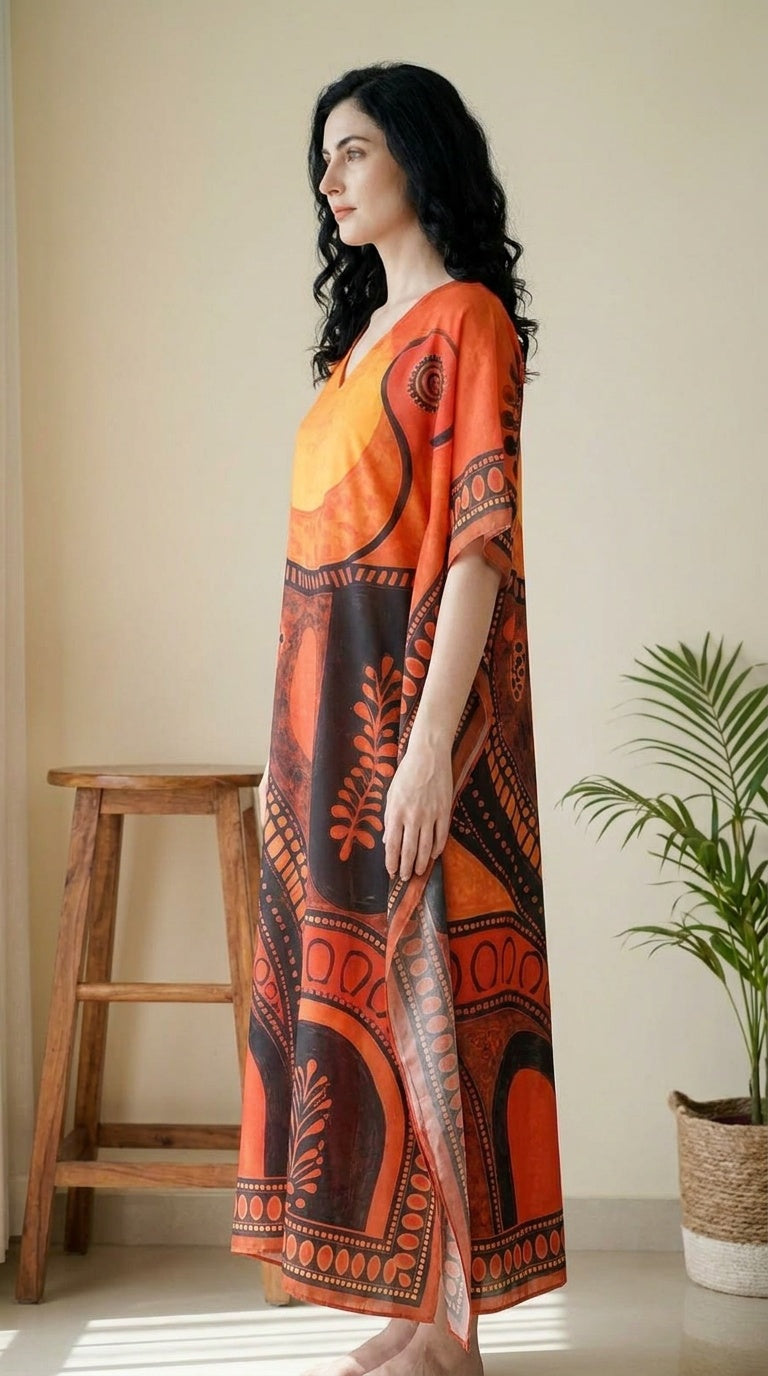 GypsieBlu Orange Black Polyester Plus Size Kaftan for Women Kimono Sleeves 1X-3X Geometric Print
