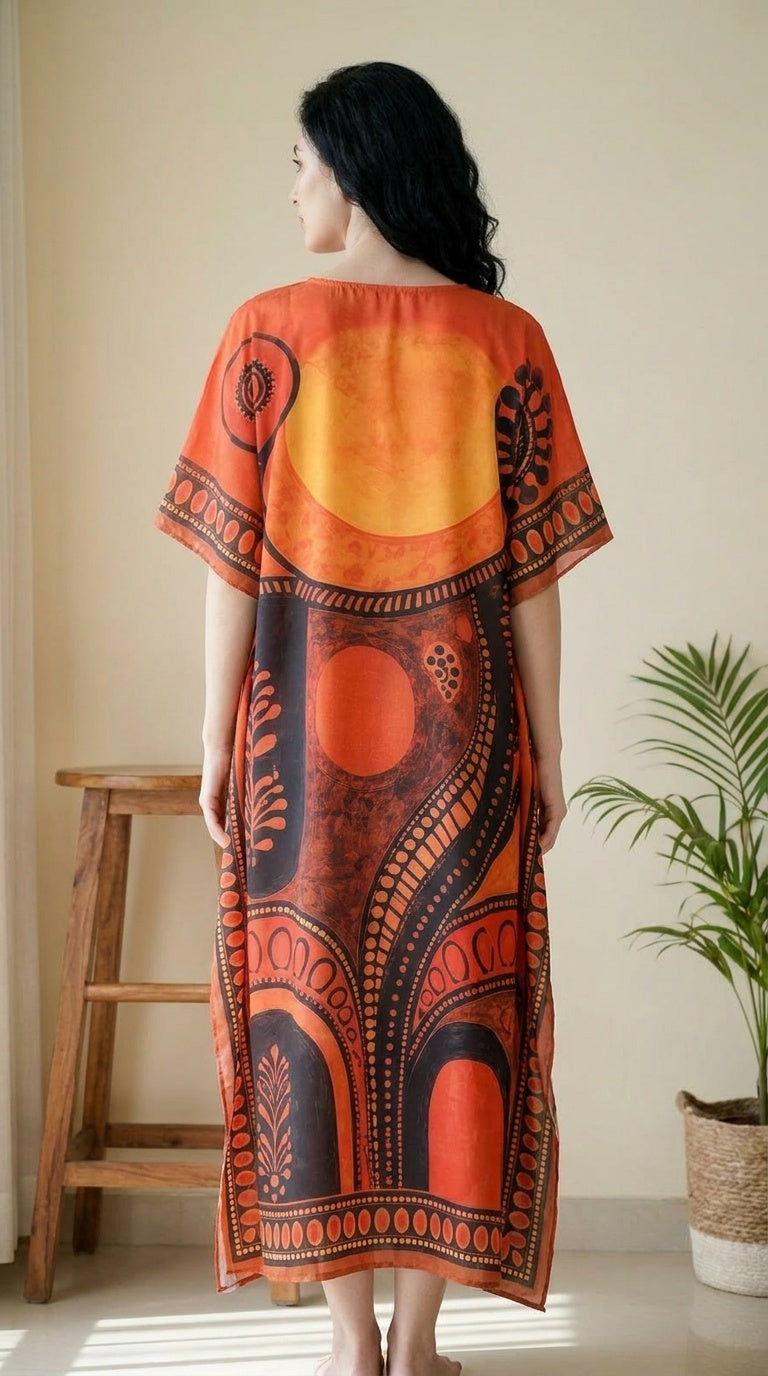GypsieBlu Orange Black Polyester Plus Size Kaftan for Women Kimono Sleeves 1X-3X Geometric Print