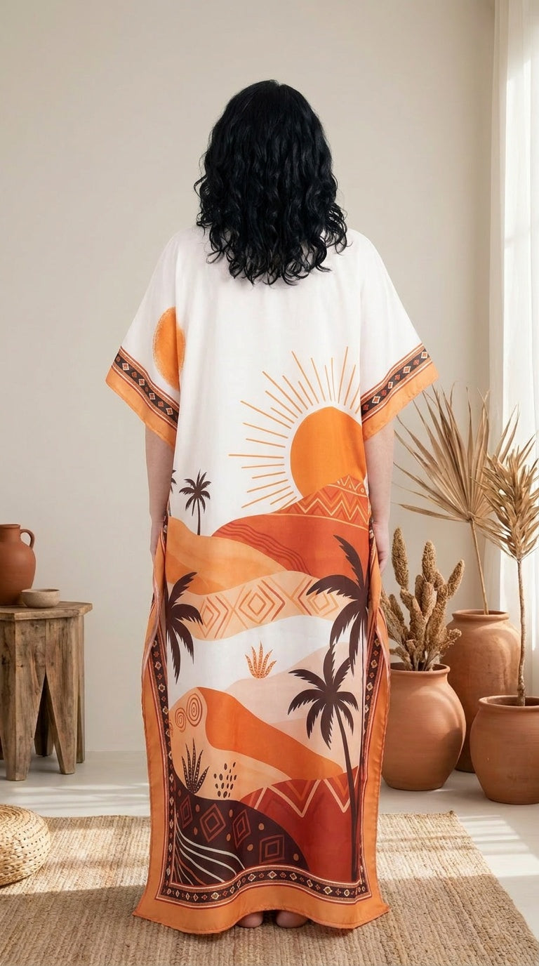GypsieBlu Cream Polyester Plus Size Kaftan for Women V-Neck 1X-3X Landscape Print