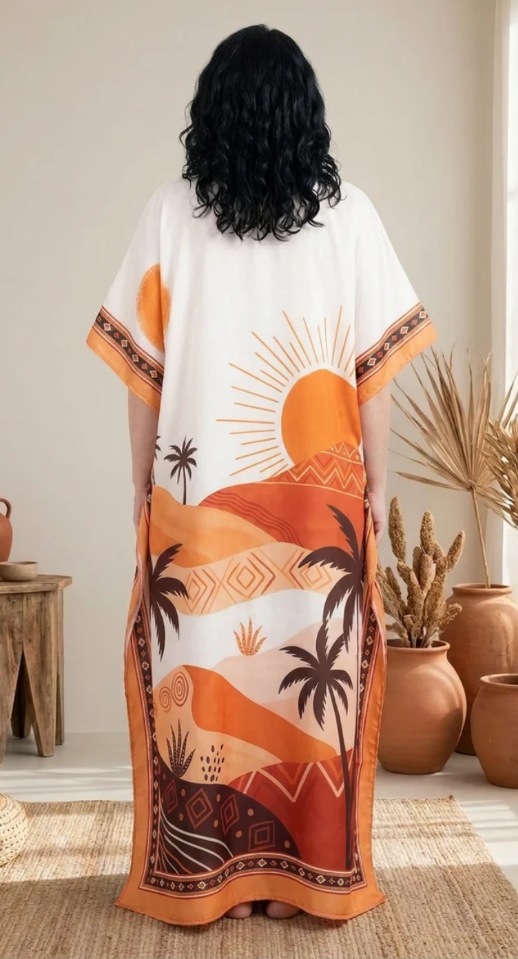 GypsieBlu Cream Polyester Plus Size Kaftan for Women V-Neck 1X-3X Landscape Print