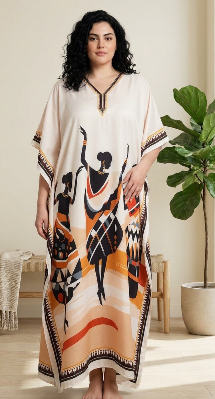 GypsieBlu Ivory Black Polyester Plus Size Kaftan for Women Moo Moo Dress 1X-3X Tribal Print