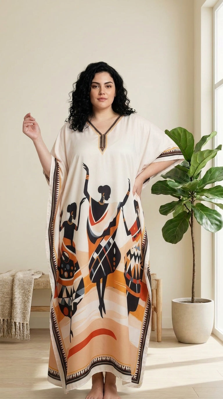 GypsieBlu Ivory Black Polyester Plus Size Kaftan for Women Moo Moo Dress 1X-3X Tribal Print