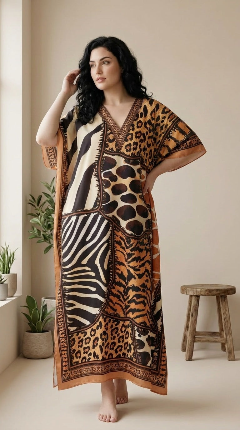 Camel and black animal patchwork plus size kaftan with giraffe, zebra and leopard print panels — additional view