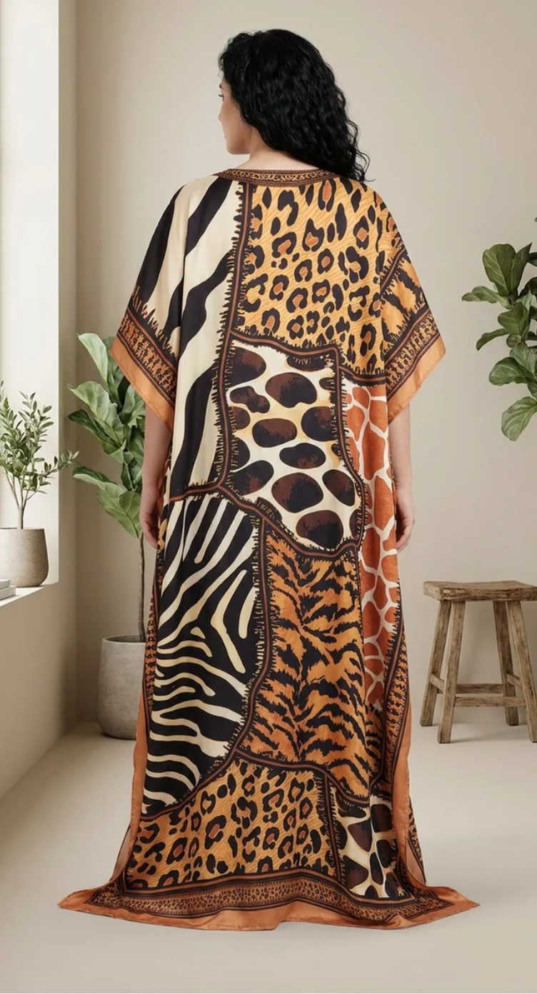 GypsieBlu Camel Black Polyester Plus Size Kaftan for Women Muu Muu Dress 1X-3X Animal Print