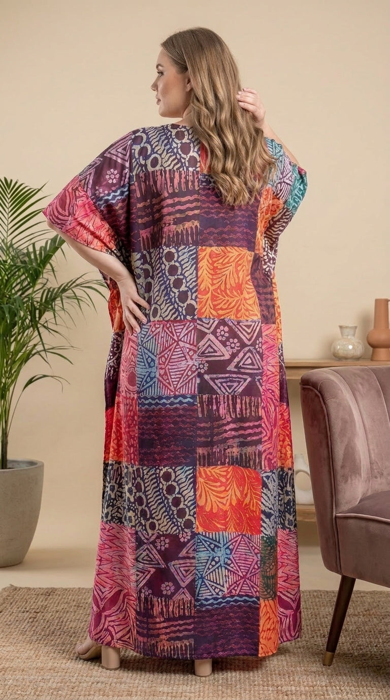 GypsieBlu Purple Polyester Plus Size Kaftan for Women Kimono Sleeves 1X-3X Geometric Print