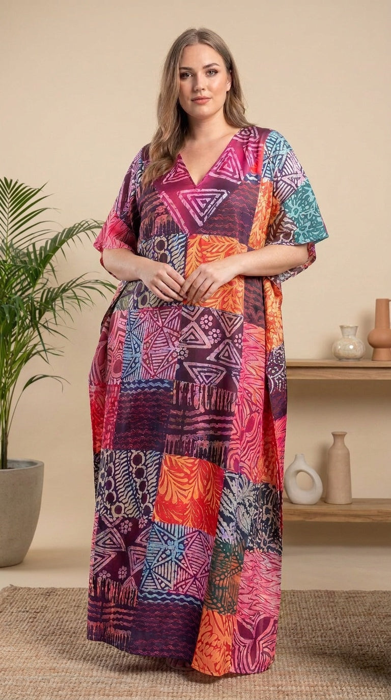 GypsieBlu Purple Polyester Plus Size Kaftan for Women Kimono Sleeves 1X-3X Geometric Print