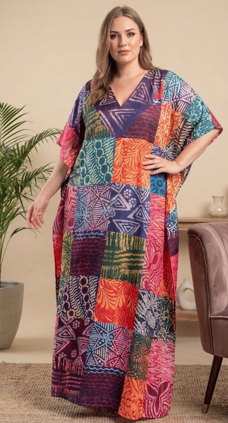 GypsieBlu Purple Polyester Plus Size Kaftan for Women V-Neck 1X-3X Geometric Print