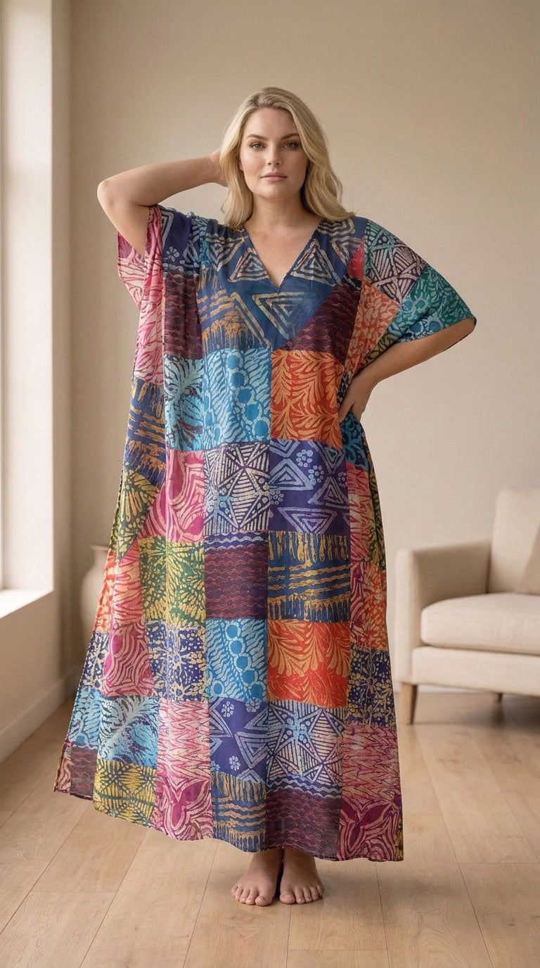 GypsieBlu Blue Polyester Plus Size Kaftan for Women 1X-3X Geometric Print