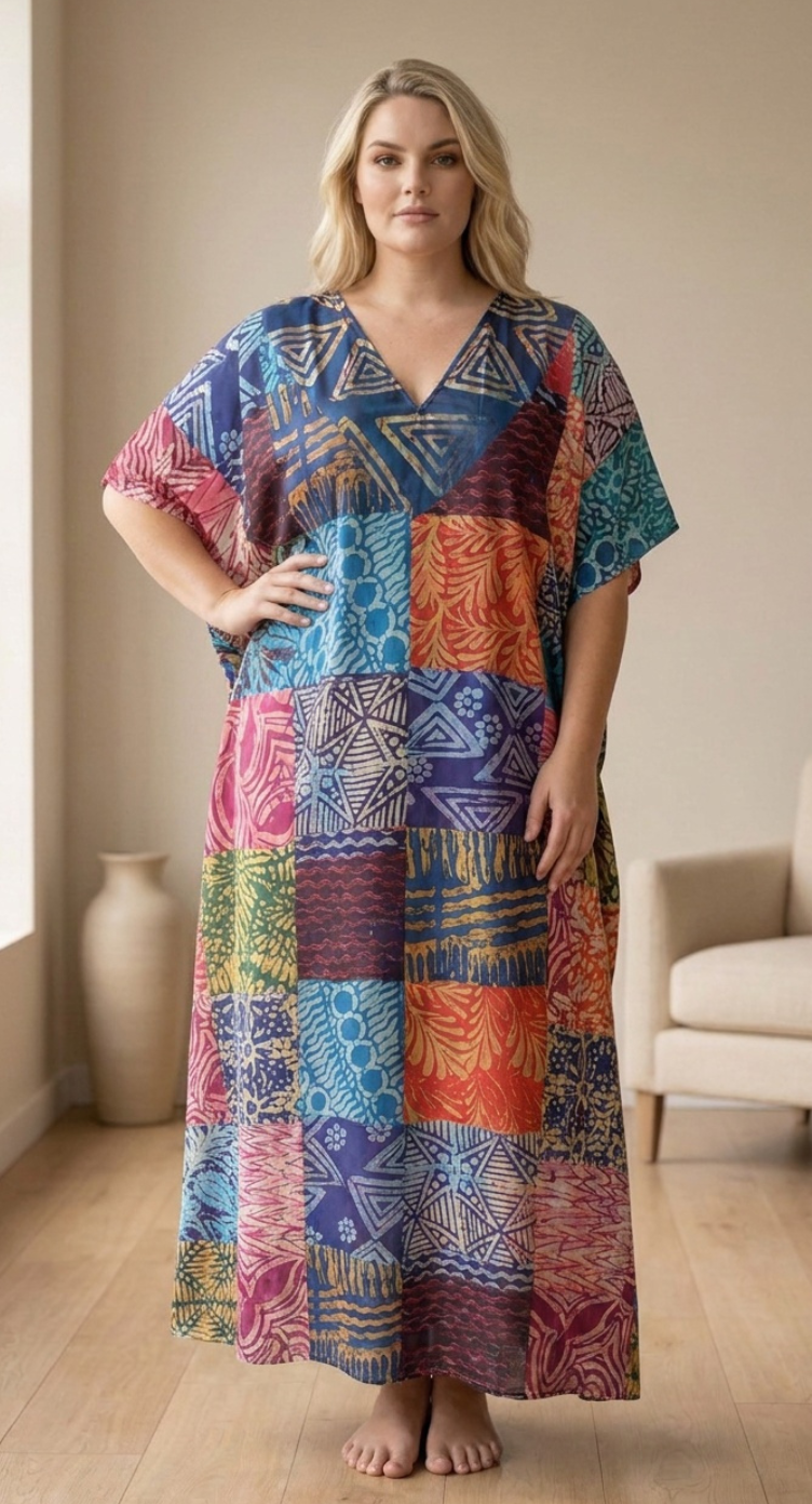 GypsieBlu Blue Polyester Plus Size Kaftan for Women 1X-3X Geometric Print