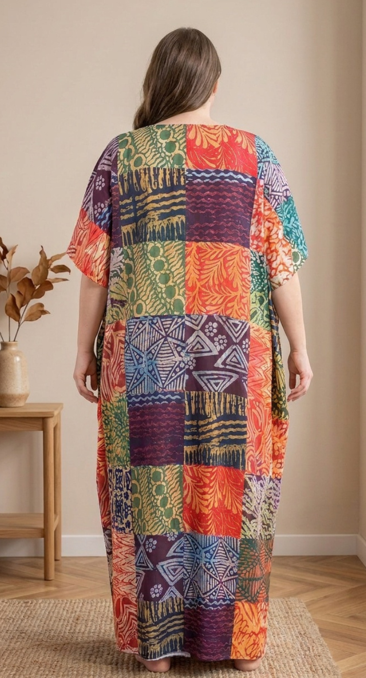 GypsieBlu Multicolor Polyester Plus Size Kaftan for Women Kimono Sleeves 1X-3X Geometric Print