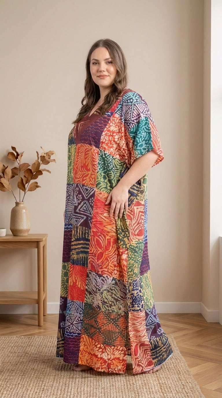 GypsieBlu Multicolor Polyester Plus Size Kaftan for Women Kimono Sleeves 1X-3X Geometric Print
