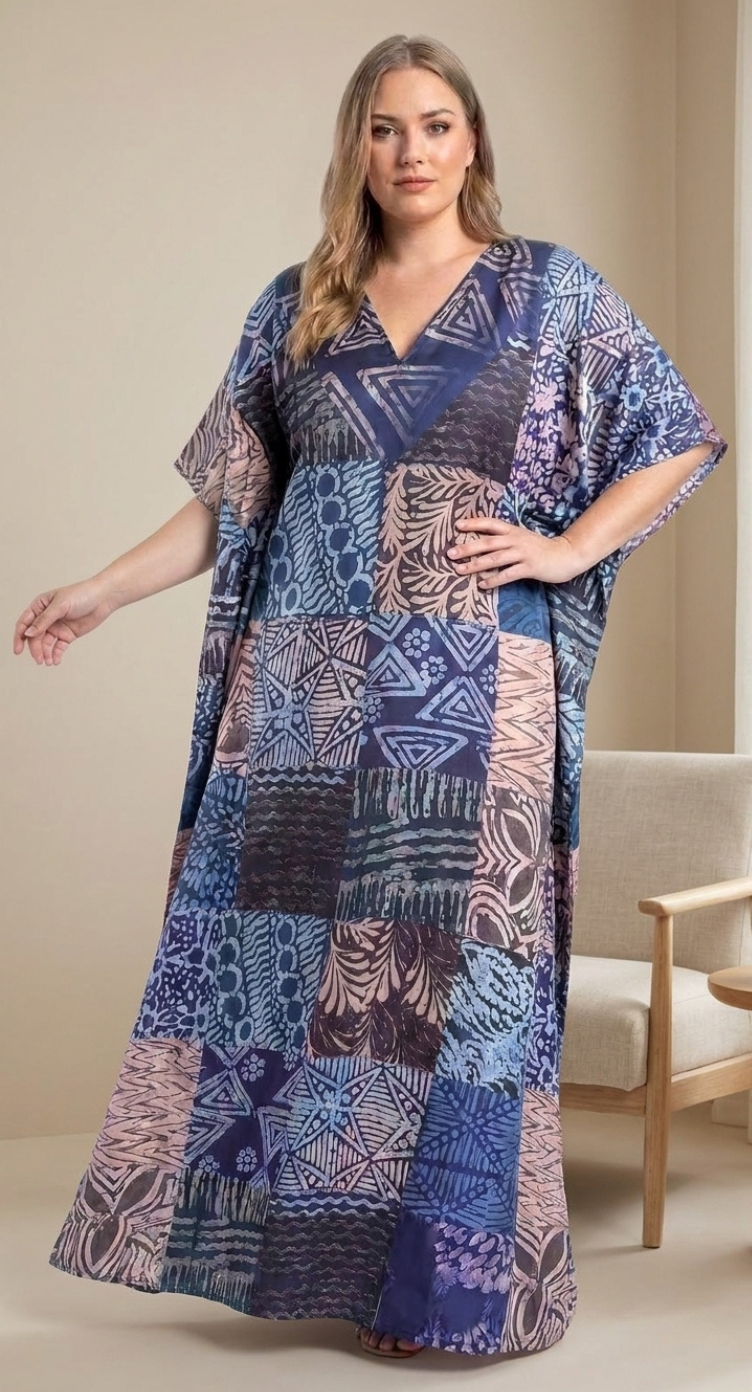 GypsieBlu Navy Blue Polyester Plus Size Kaftan for Women V-Neck 1X-3X Geometric Print