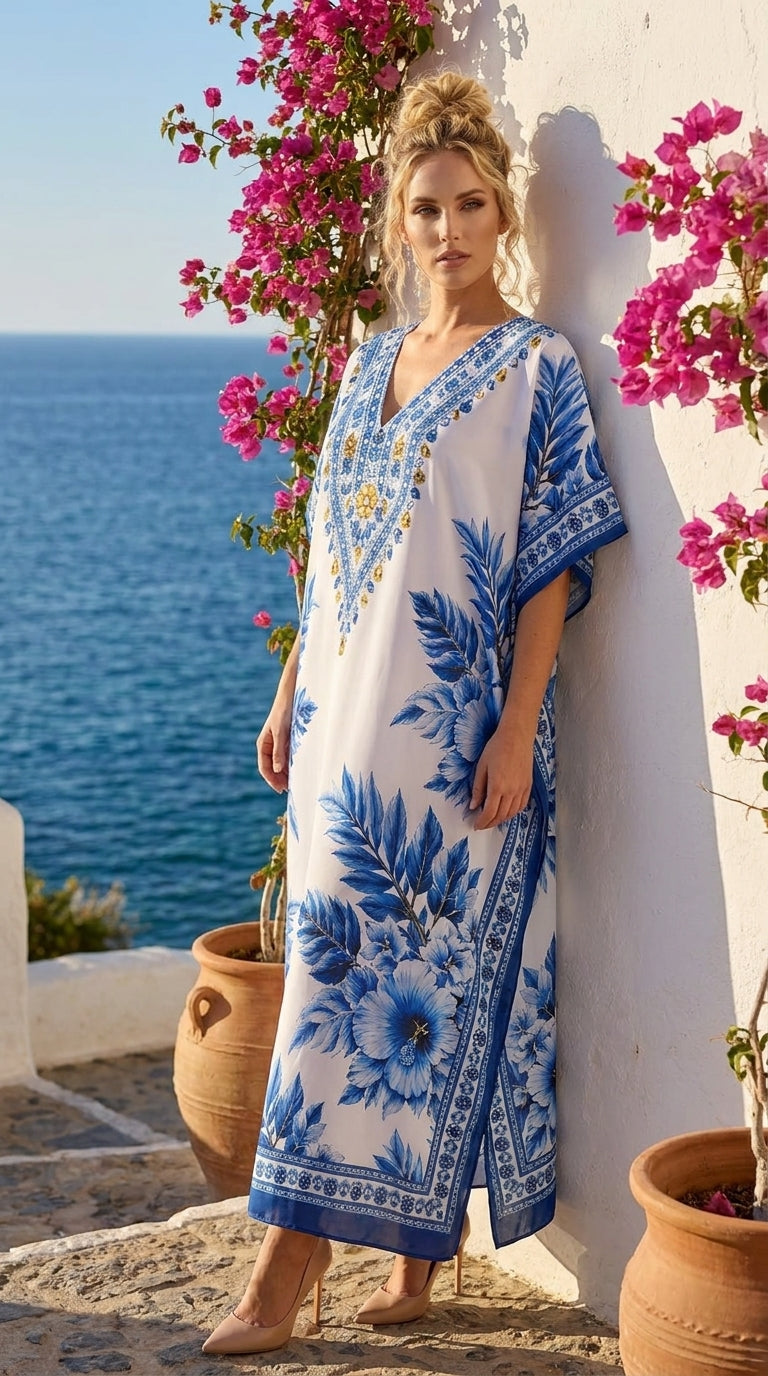 Royal Blue Tropical Polyester Plus Size Kaftan for Women 1X-3X | GypsieBlu