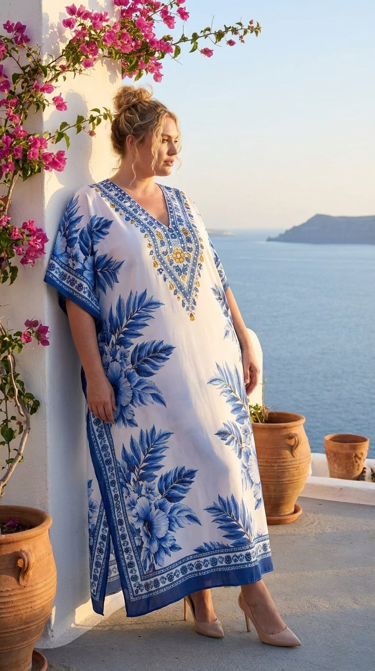 Royal Blue Tropical Polyester Plus Size Kaftan for Women 1X-3X | GypsieBlu