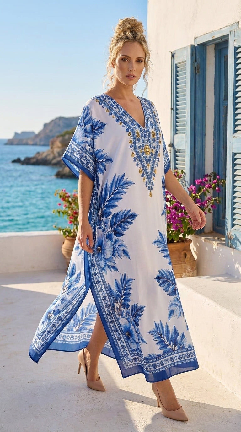 Royal Blue Tropical Polyester Plus Size Kaftan for Women 1X-3X | GypsieBlu