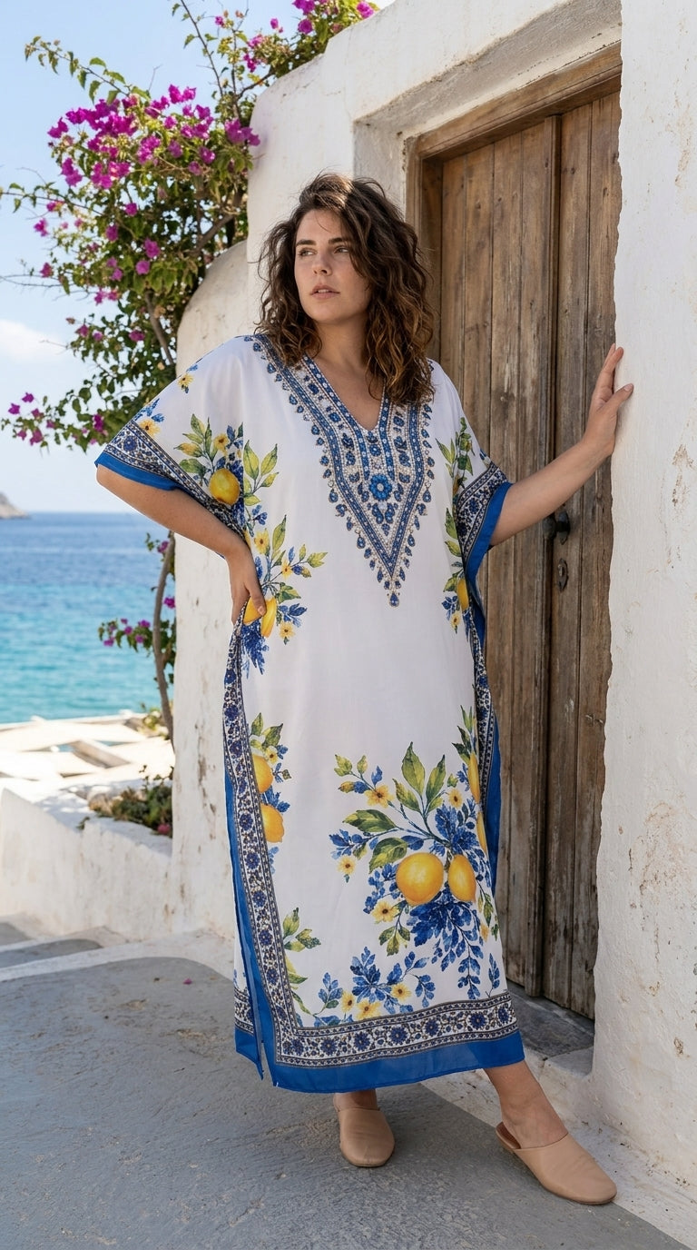 White Citrus Floral Polyester Plus Size Kaftan for Women 1X-3X | GypsieBlu