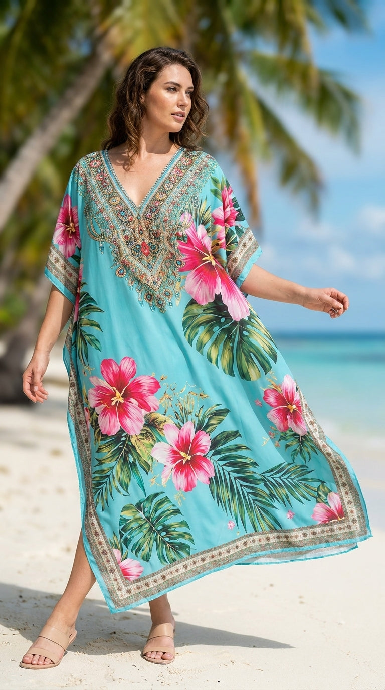 Aqua Blue Floral Polyester Plus Size Kaftan for Women 1X-3X | GypsieBlu