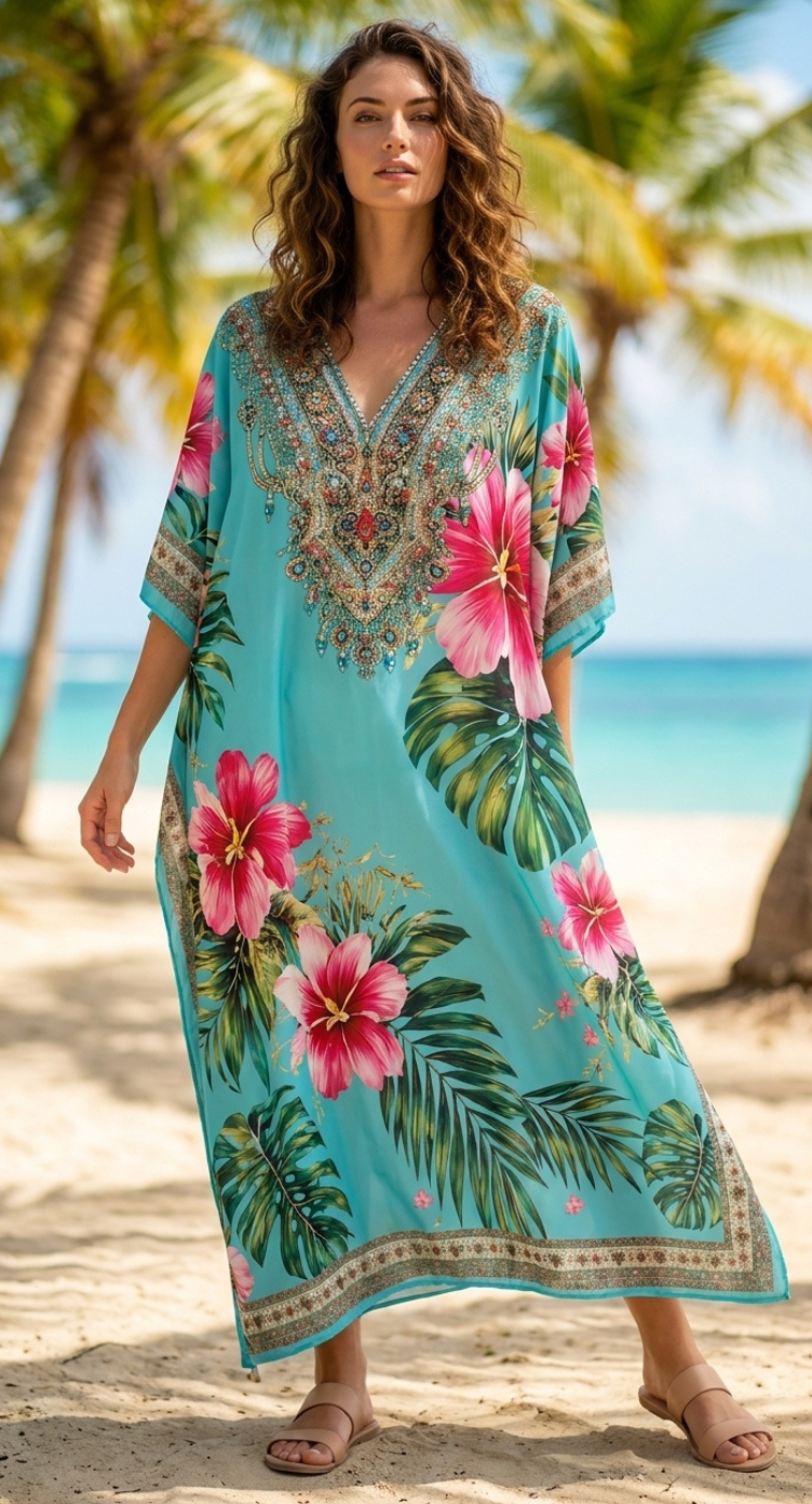 Aqua Blue Floral Polyester Plus Size Kaftan for Women 1X-3X | GypsieBlu