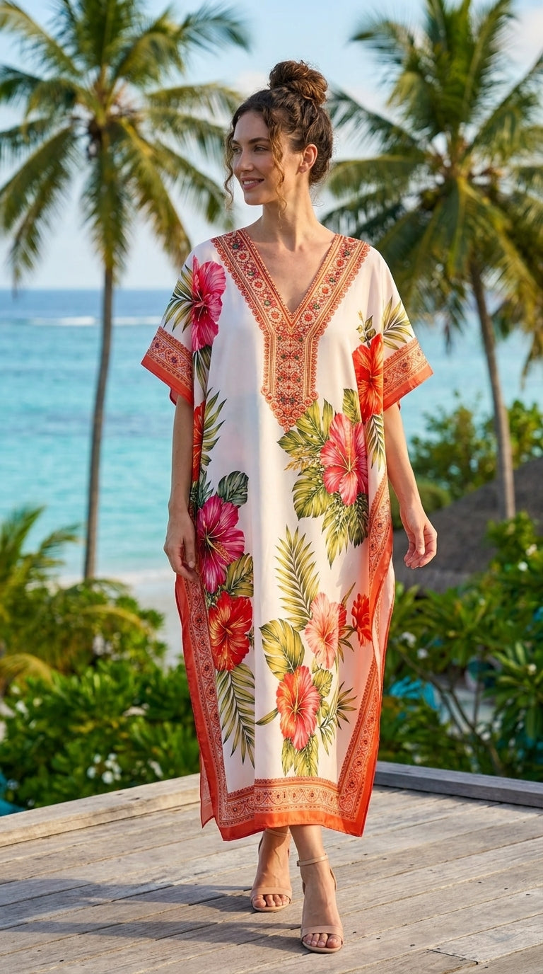 Coral Orange Tropical Polyester Plus Size Kaftan for Women 1X-3X | GypsieBlu