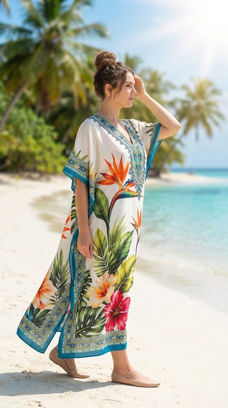 Teal Tropical Polyester Plus Size Kaftan for Women 1X-3X | GypsieBlu