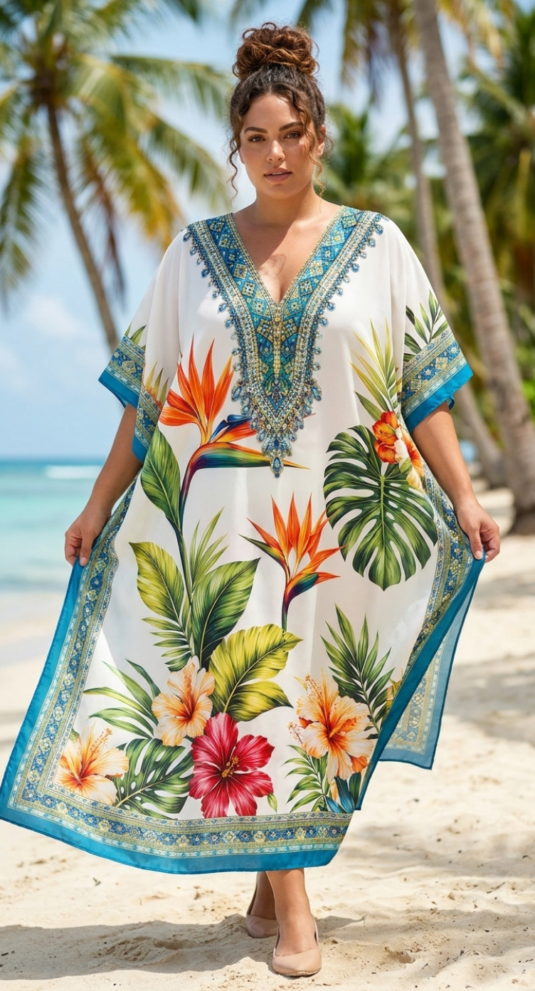Teal Tropical Polyester Plus Size Kaftan for Women 1X-3X | GypsieBlu