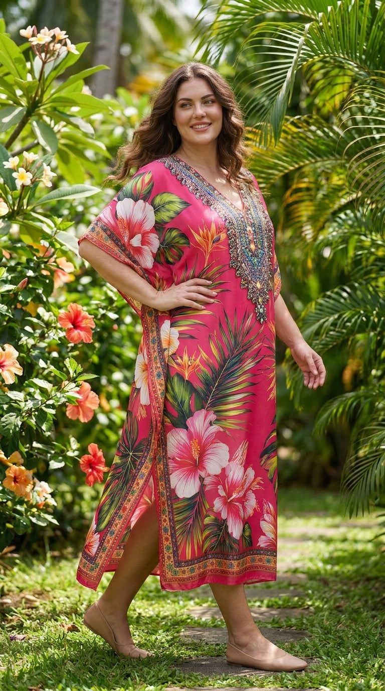 Bright Pink Floral Plus Size Kaftan for Women 1X-3X | GypsieBlu