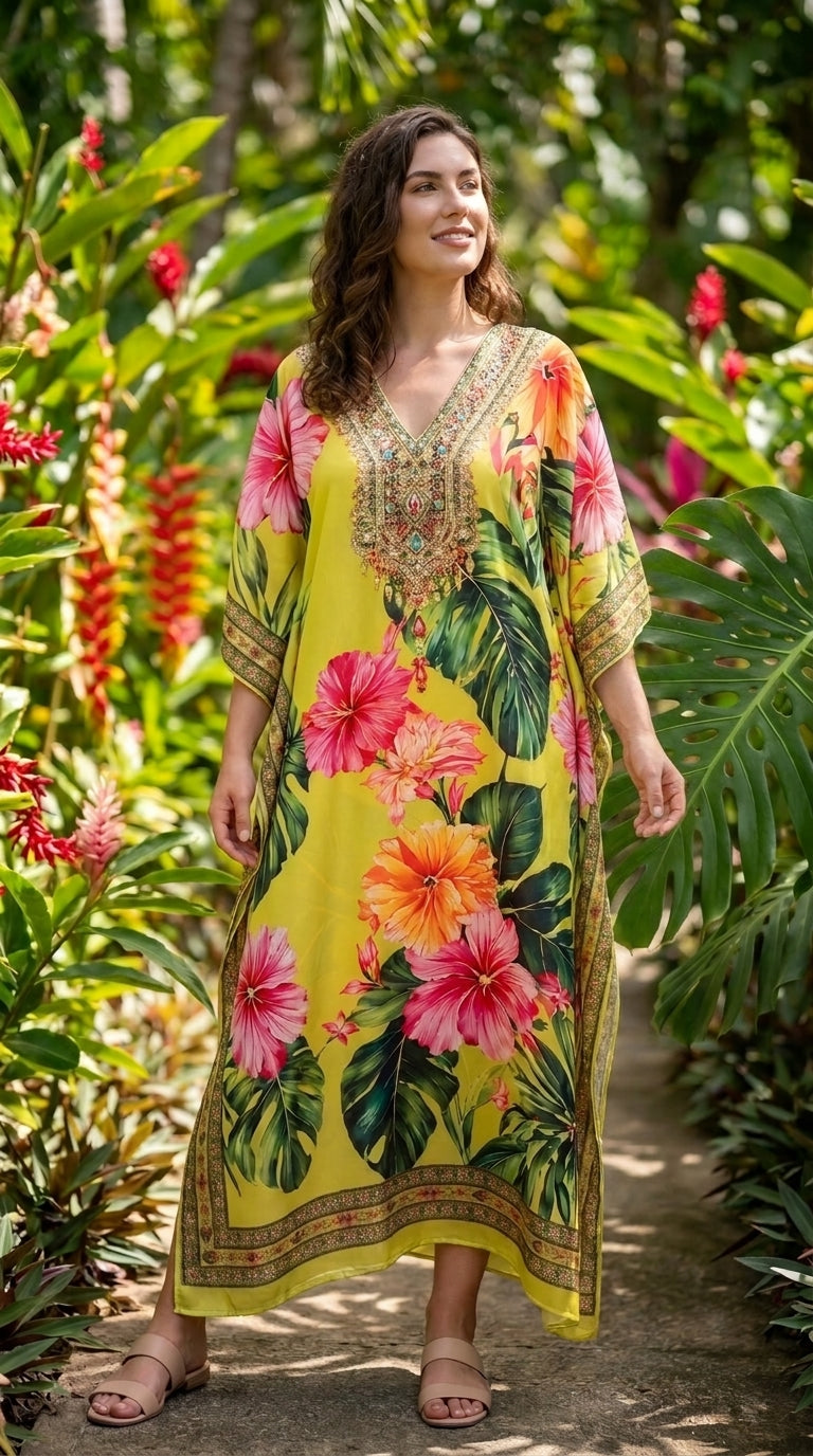 Lime Yellow Tropical Plus Size Kaftan for Women 1X-3X | GypsieBlu