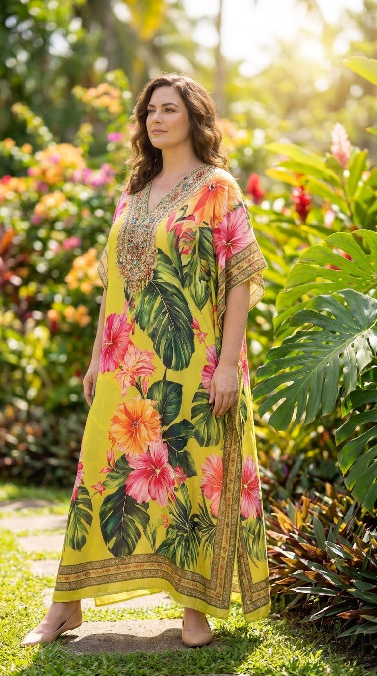 Lime Yellow Tropical Plus Size Kaftan for Women 1X-3X | GypsieBlu