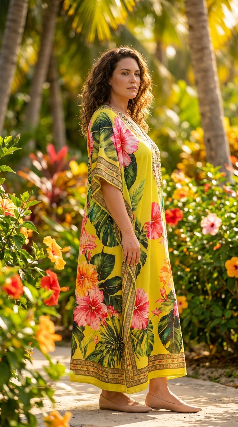 Lime Yellow Tropical Plus Size Kaftan for Women 1X-3X | GypsieBlu