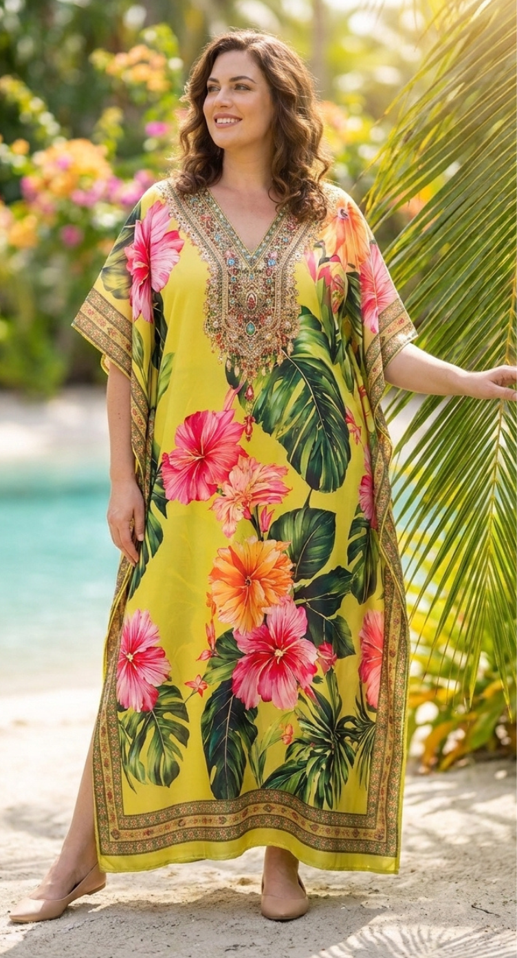 Lime Yellow Tropical Plus Size Kaftan for Women 1X-3X | GypsieBlu