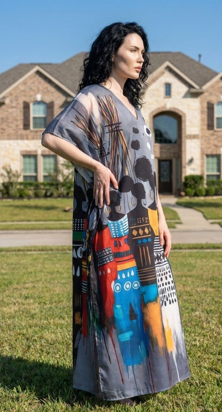 Gray Abstract Plus Size Kaftan for Women — back view