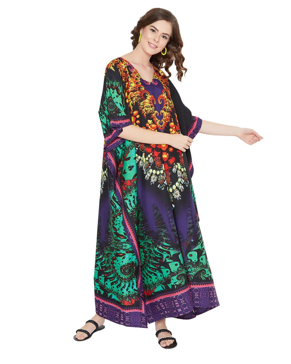 Floral Print Polyester Long Kaftan Dress For Plus Size Women