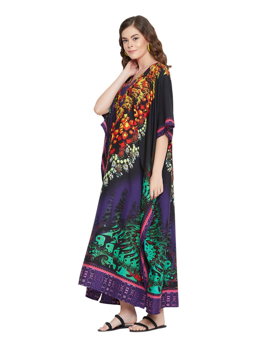 Floral Print Polyester Long Kaftan Dress For Plus Size Women