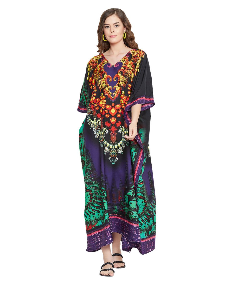 Floral Print Polyester Long Kaftan Dress For Plus Size Women