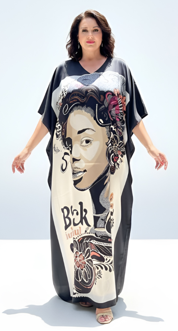 Elegant Black Satin Lady Print Plus Size Kaftan Maxi Dress for Women