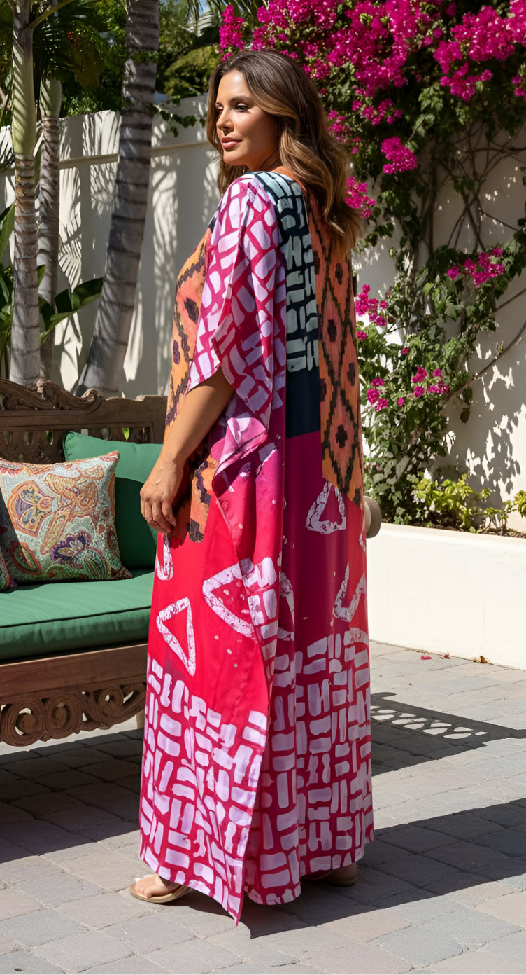 Pink Geometric Satin Plus Size Kaftan Maxi Dress Beach Wear