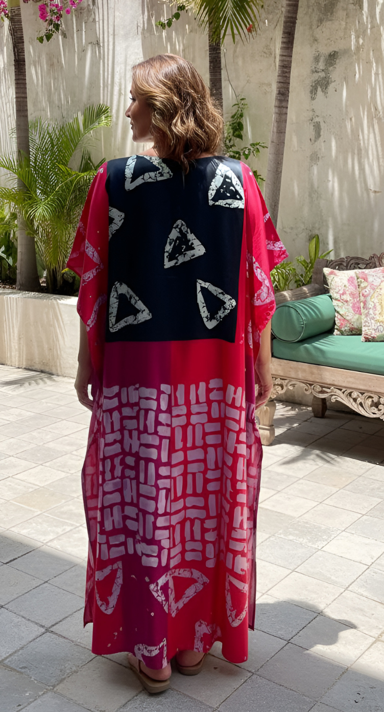 Pink Geometric Satin Plus Size Kaftan Maxi Dress Beach Wear