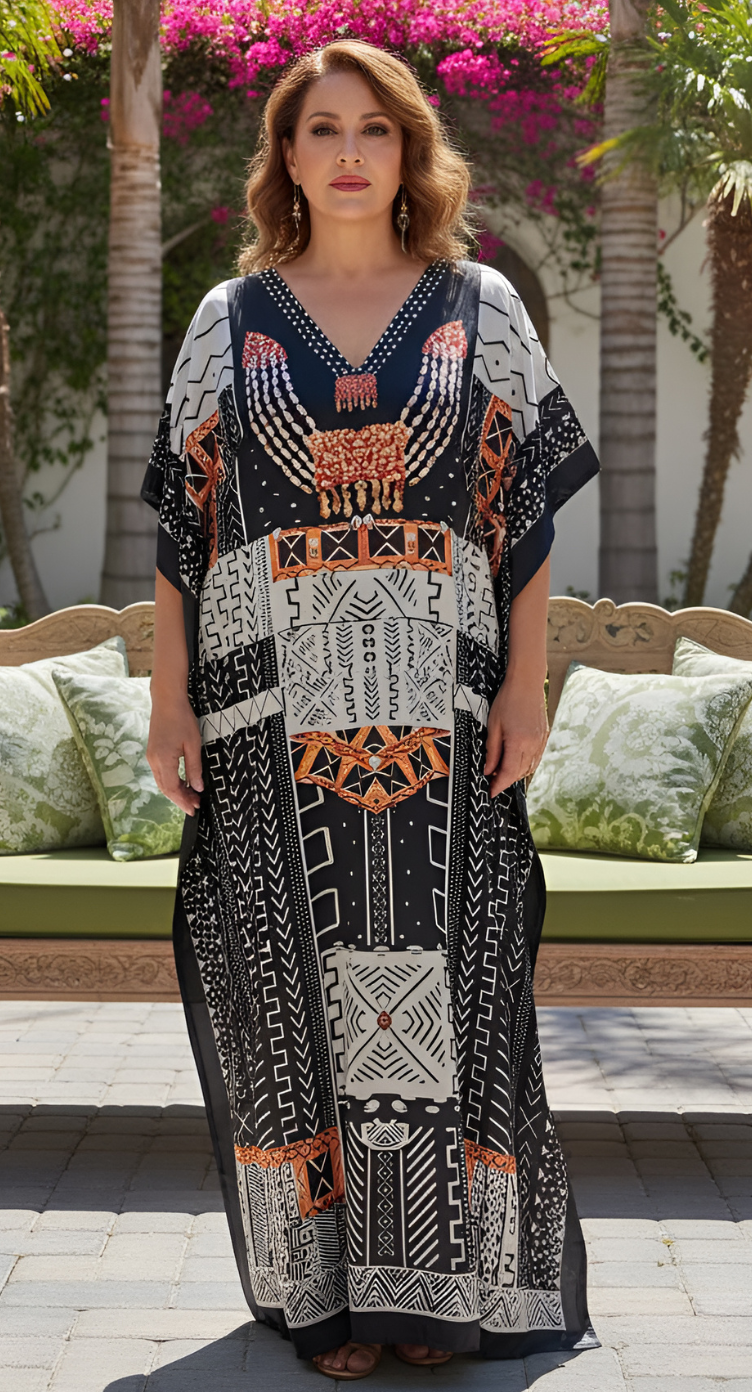 Geometric Black Satin Kaftan Plus Size 1X-3X Evening | Gypsie Blu Geometric Black Satin Kaftan Plus Size 1X-3X Evening | Gypsie Blu