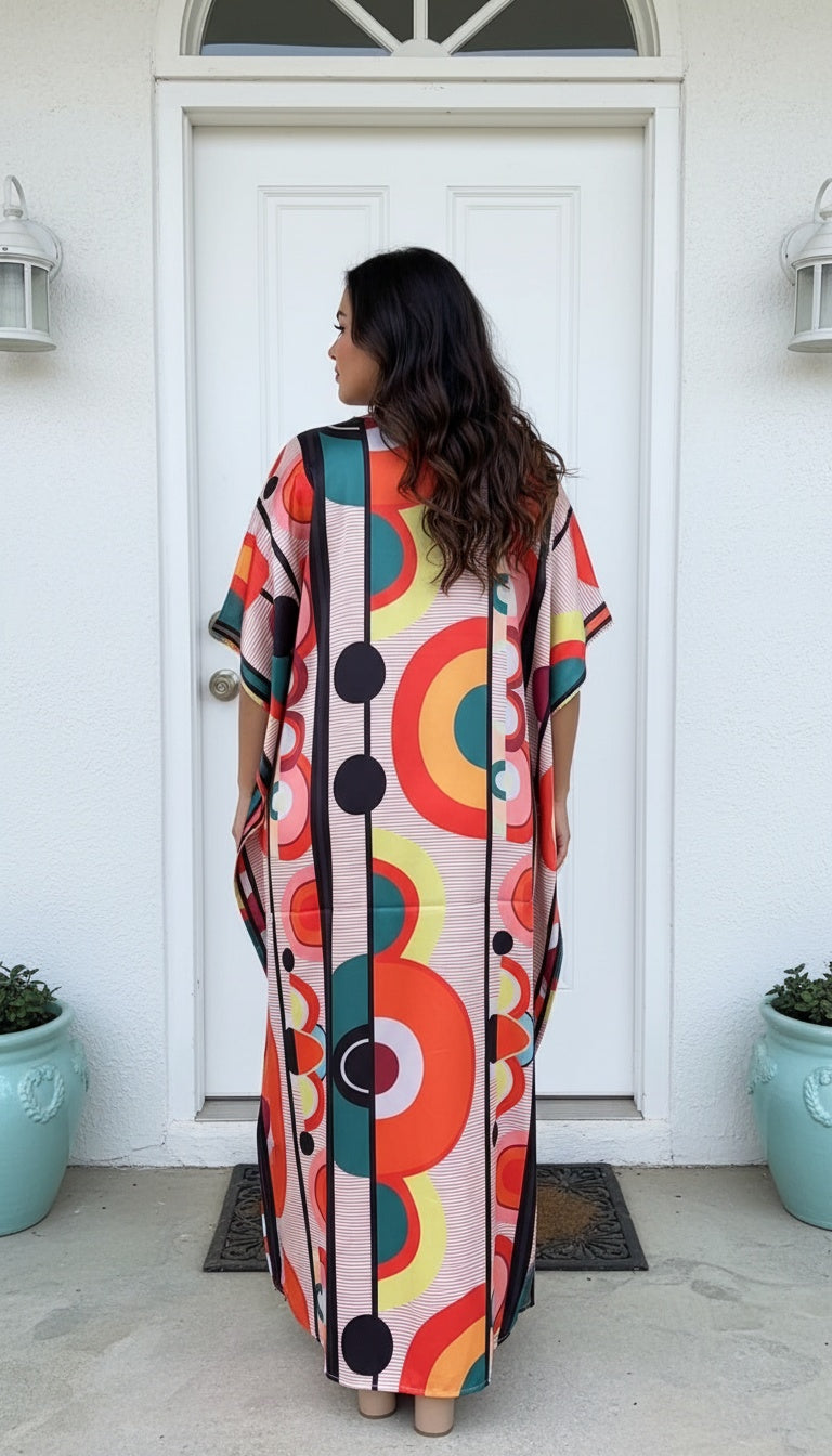 Geometric Pale Pink Satin Women Plus Size Cocktail Resort Kaftan Maxi