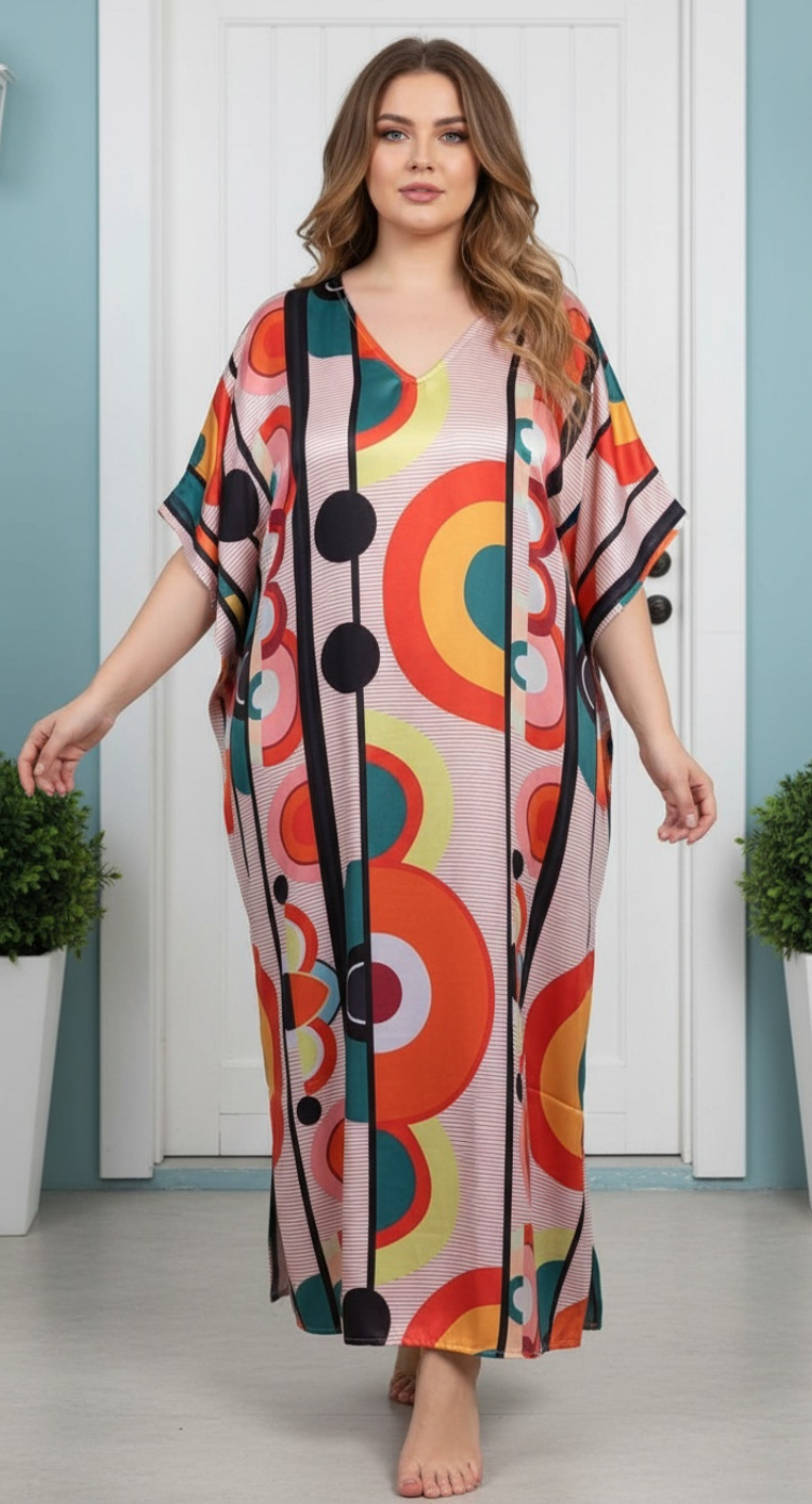 Geometric Pale Pink Satin Women Plus Size Cocktail Resort Kaftan Maxi